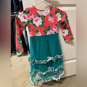 Olive Mae Flowered long sleeve dress with green tulle skirt